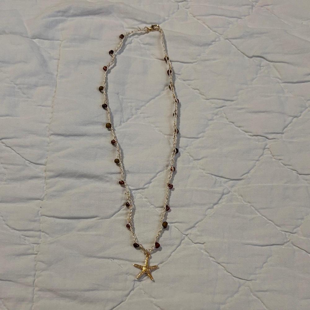 Crochet Gold‎ Starfish Pendant Necklace with Multicolor Accent Beads